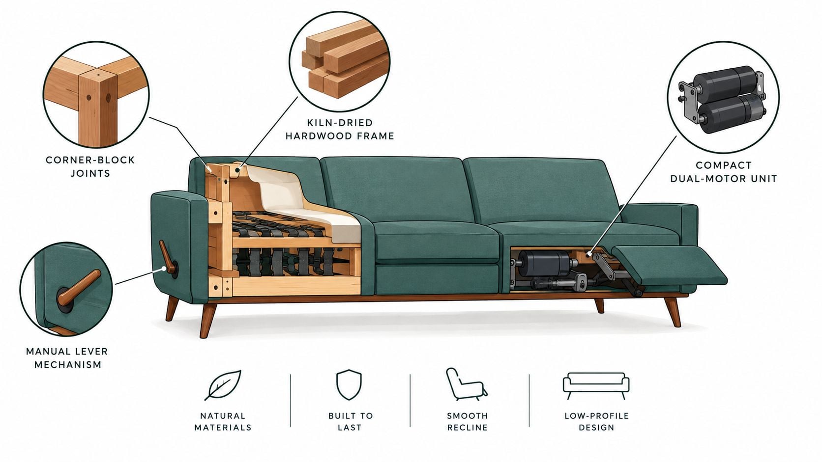 A cutaway illustration of a green mid-century modern sofa showing internal construction details and reclining motor mechanisms.