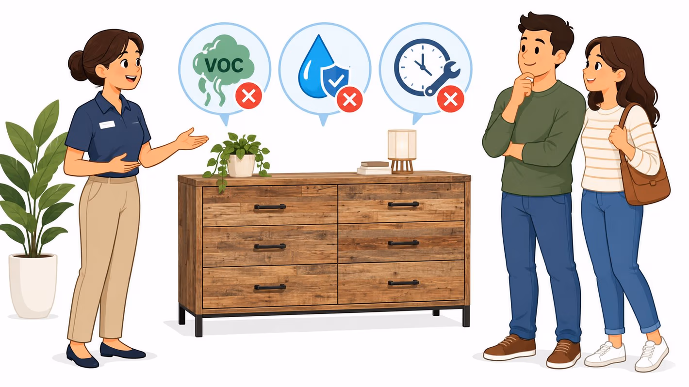 A store employee explaining the natural wood finishes of a dresser to a couple in a showroom.
