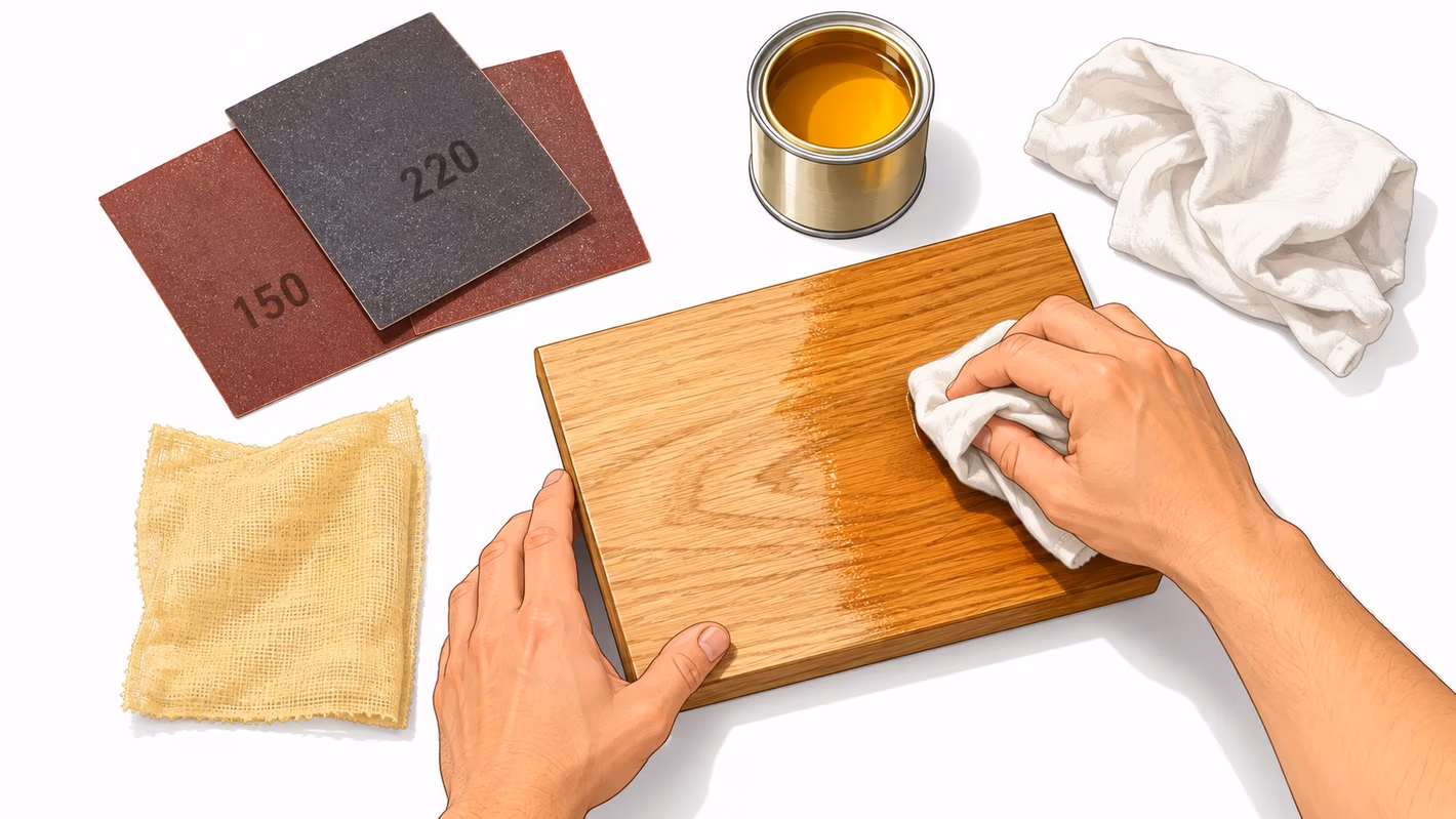 A person applying a natural oil finish to a wooden board with a clean white cloth.