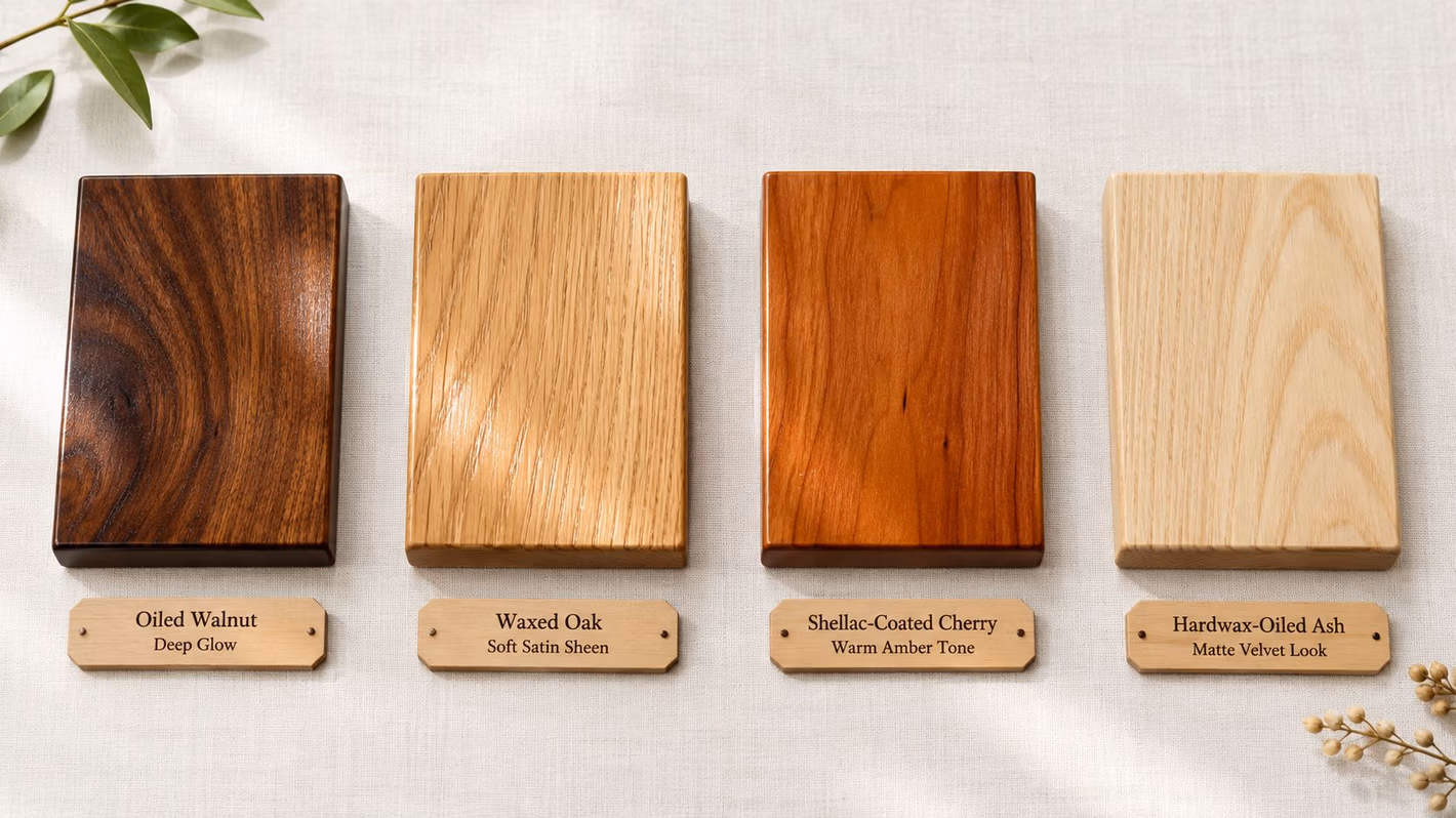 Four wooden blocks showing different natural wood finishes arranged horizontally on a light textured background.