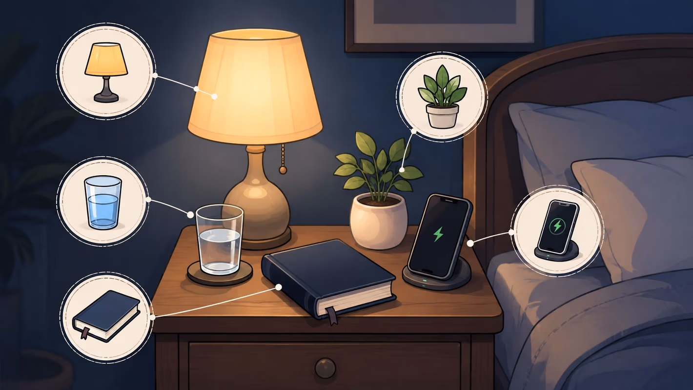 A cozy bedroom nightstand featuring a glowing lamp, a glass of water, a book, and a phone.
