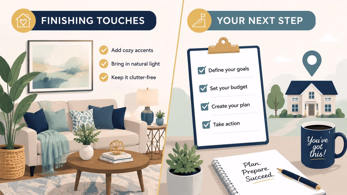 An infographic showing home decor tips on one side and planning steps for success on the other.