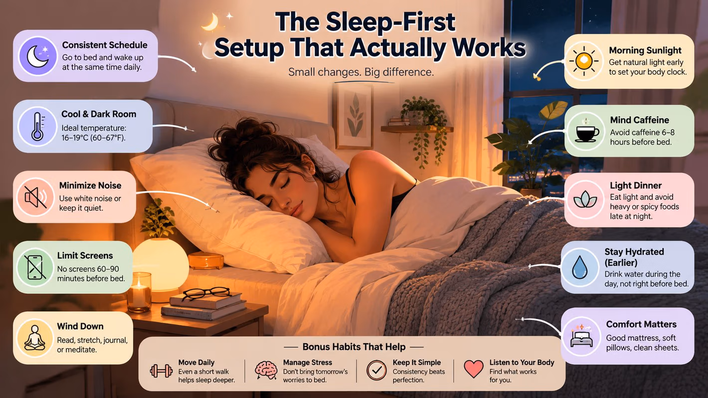 An infographic illustrating various healthy sleep habits and bedroom environmental tips for achieving better rest.