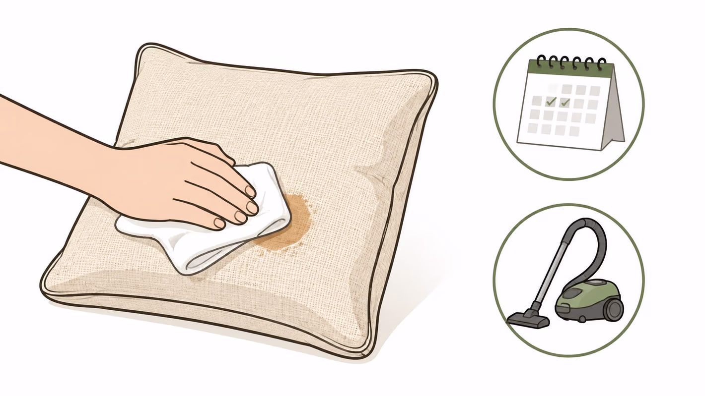 A hand cleaning a beige fabric pillow with a white cloth, accompanied by a calendar and vacuum icons.