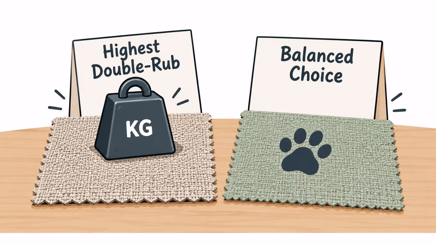 A comparison showing high durability upholstery fabric next to pet-friendly fabric on a wooden table.