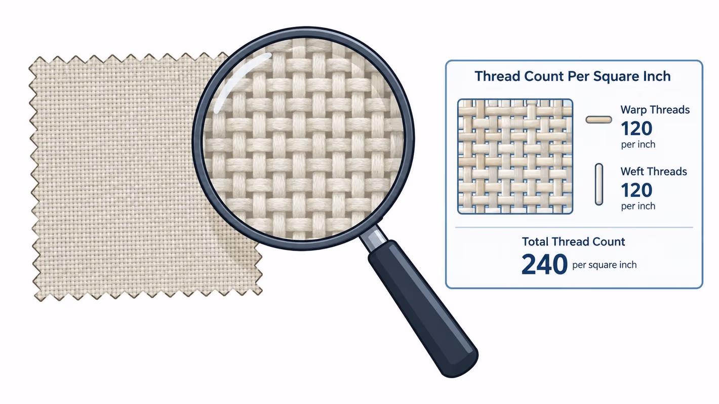 A magnifying glass inspecting fabric weave illustrating how thread count is calculated with warp and weft threads.