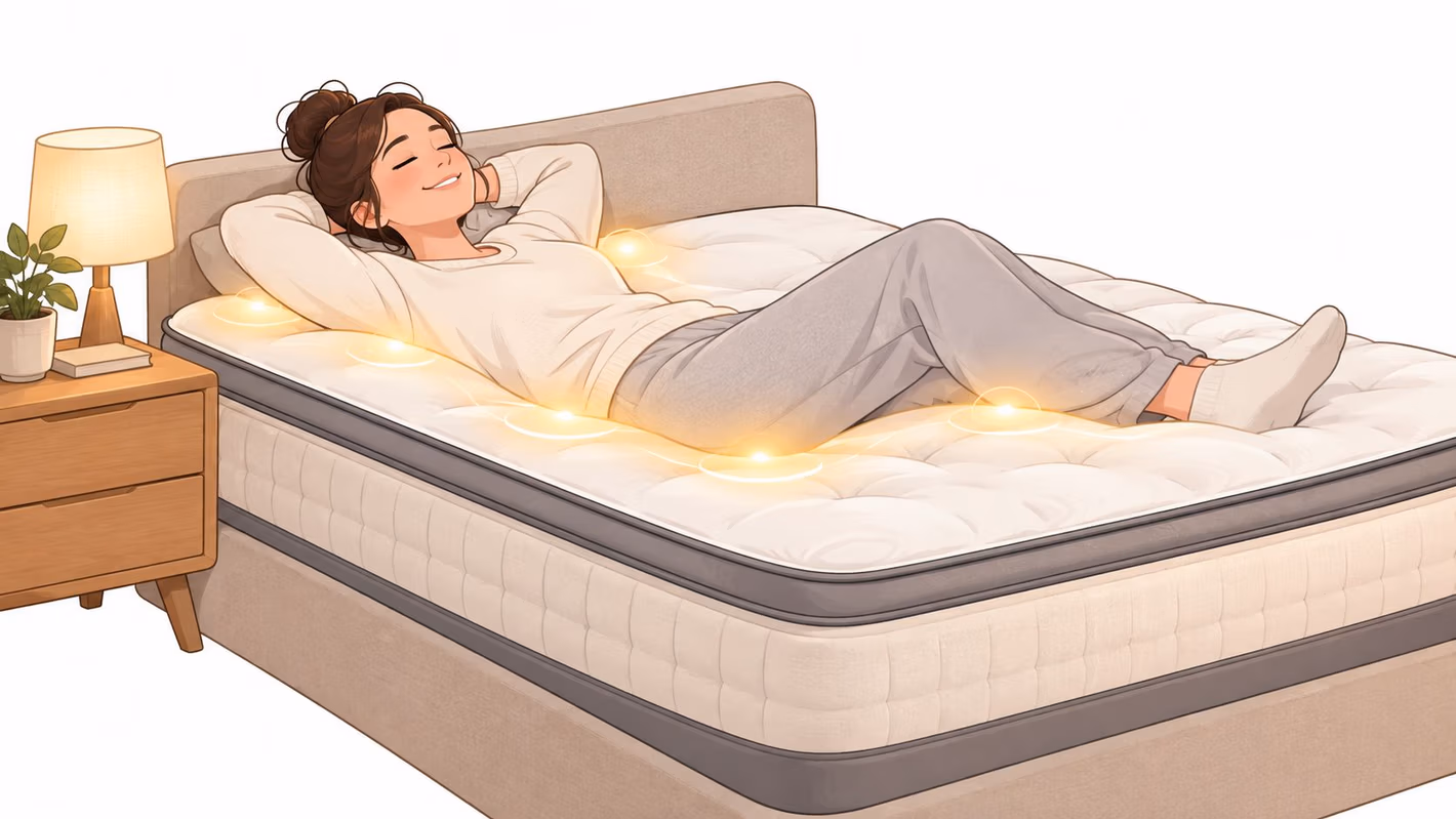 A woman comfortably resting on a plush pillow top mattress with glowing support points illustrated on the surface.