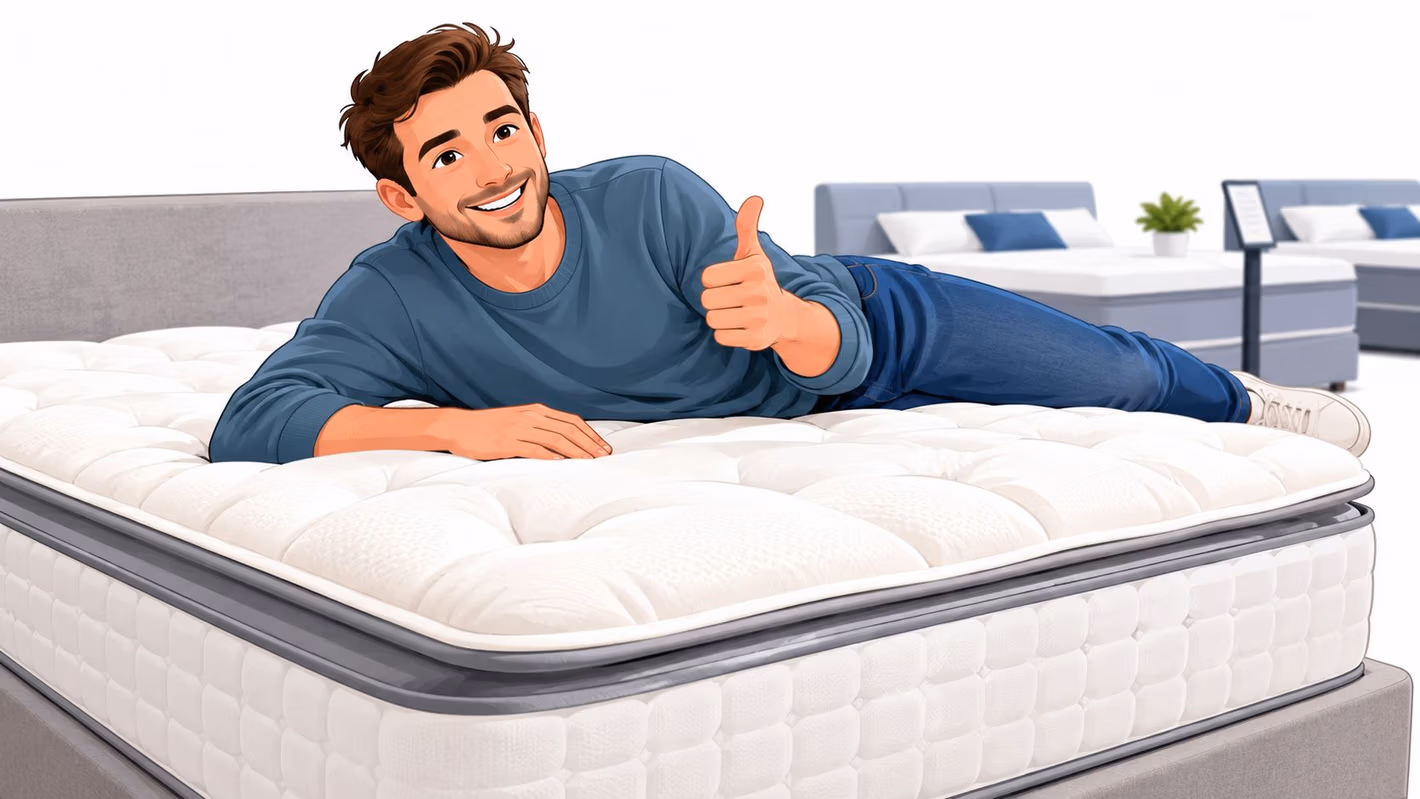 A happy man lying on a comfortable pillow top mattress, giving a thumbs up in a store.