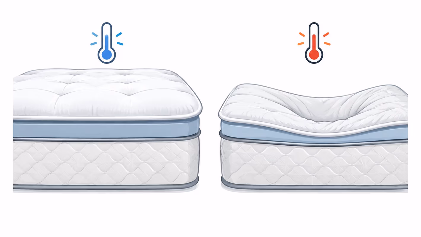 A split illustration comparing a firm, flat pillow top mattress to a soft, sinking mattress under heat.