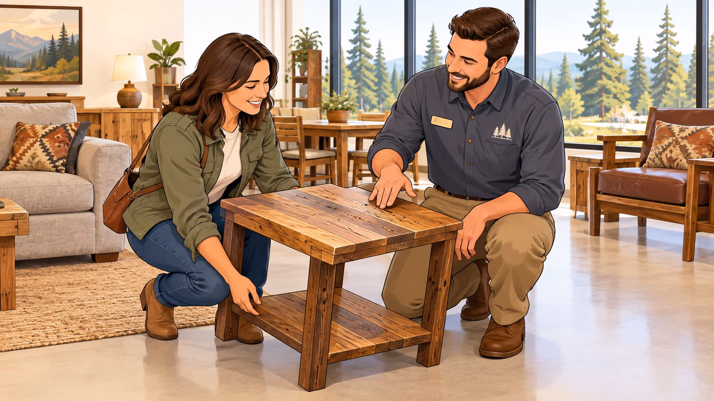 A smiling customer and a helpful store employee inspect a rustic reclaimed wood accent table together.