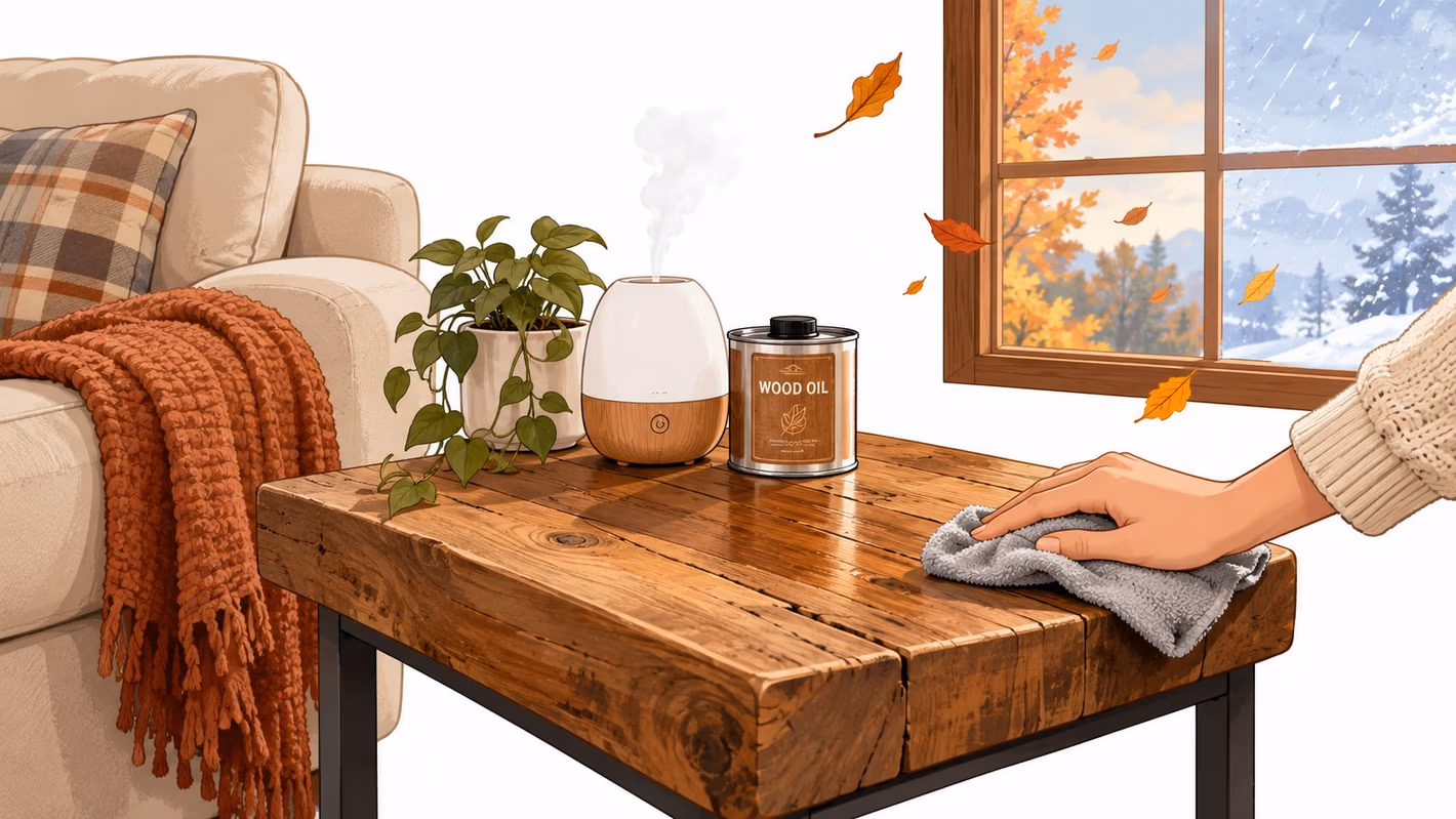 A hand wiping a rustic reclaimed wood accent table with a grey cloth near a cozy home interior.