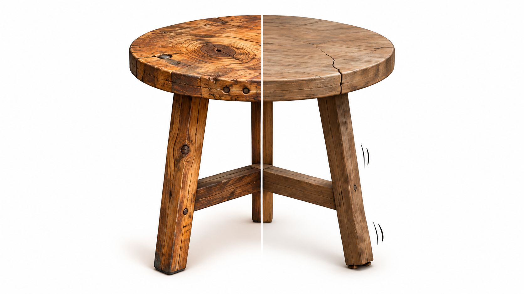 A side-by-side comparison of a rustic reclaimed wood accent table showing different wood textures and finishes.