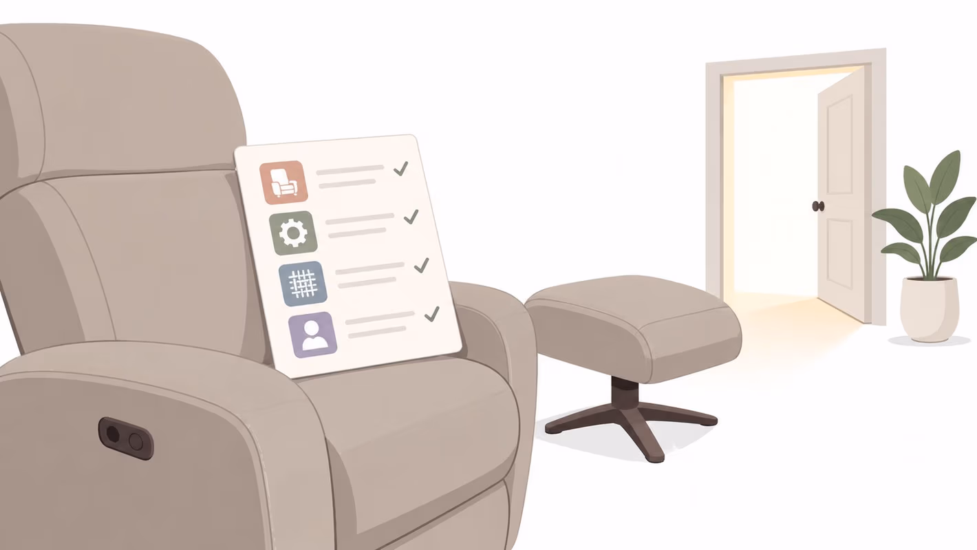 A modern recliner with an ottoman and a checklist icon document sitting in a cozy room.
