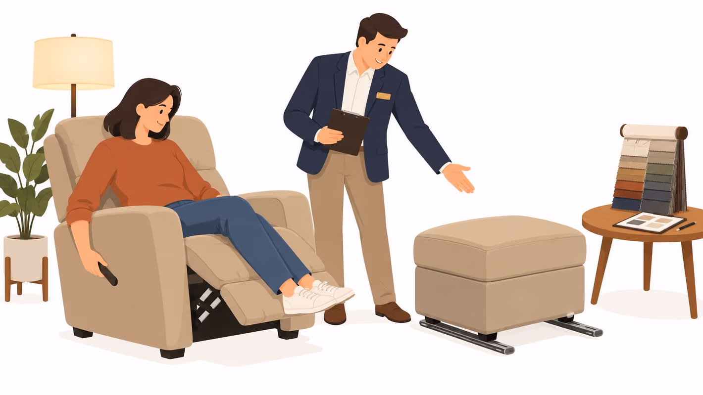 A furniture salesperson gestures toward a matching ottoman while a woman tests a comfortable reclining chair.