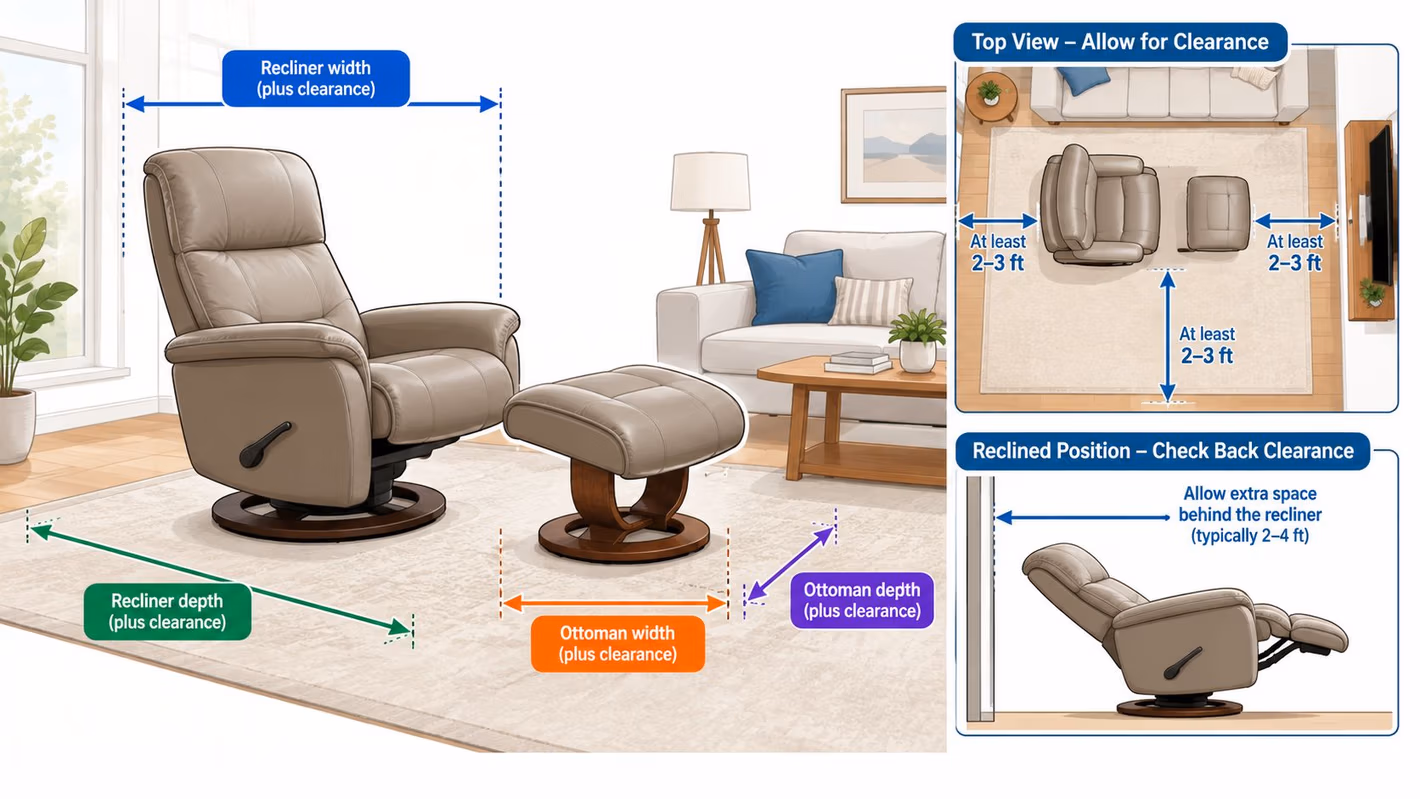 A recliner with an ottoman displayed on a rug with measurement guidelines for home space planning.