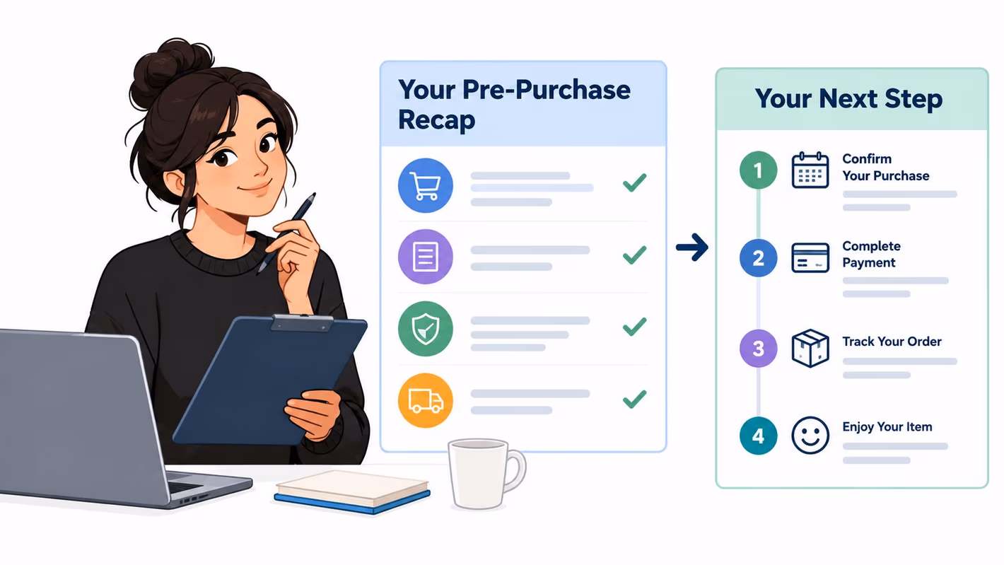 An illustration of a woman working at a laptop alongside a pre-purchase recap and next steps guide.
