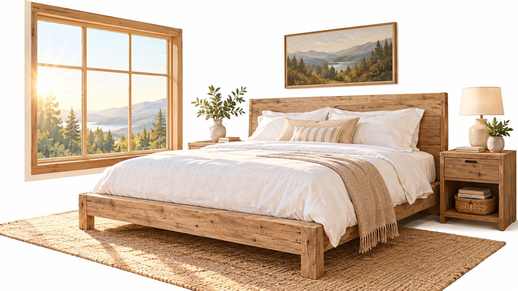 A cozy rustic modern bedroom featuring a wooden bed frame, textured rug, and serene mountain landscape art.