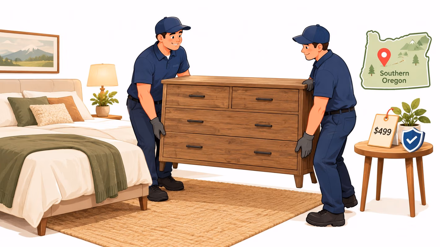 Two professional movers in uniform carefully carrying a rustic wooden dresser into a modern bedroom.