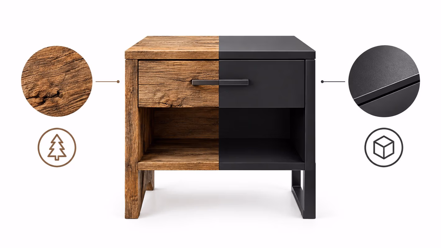 A split-view nightstand featuring rustic distressed wood on the left and modern matte black metal on the right.