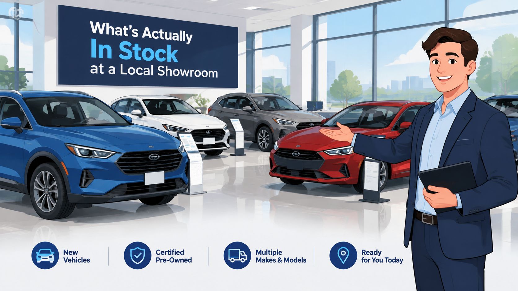 A friendly car salesman standing in a modern dealership showroom pointing towards several cars in stock.