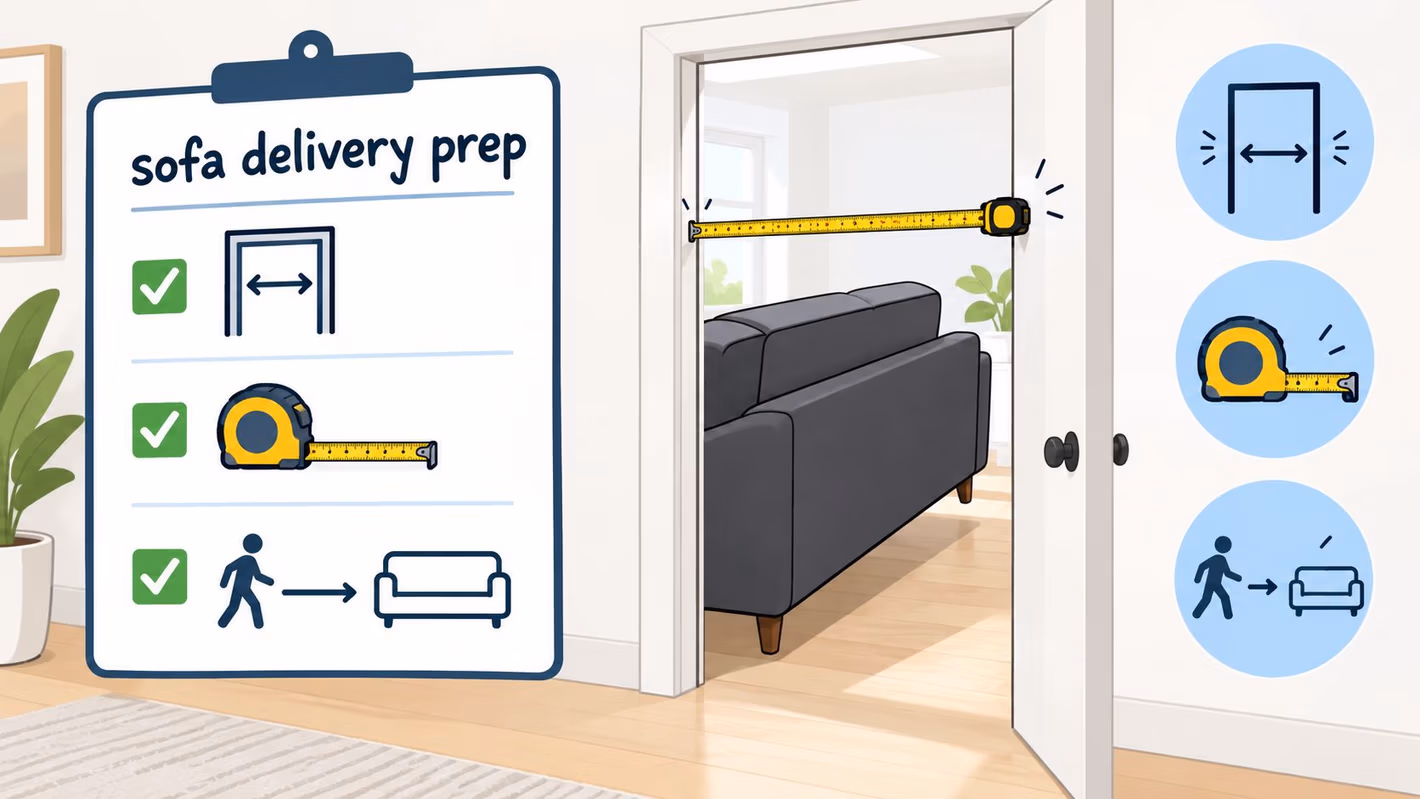 A checklist illustration showing the steps for measuring a doorway and sofa before furniture delivery.