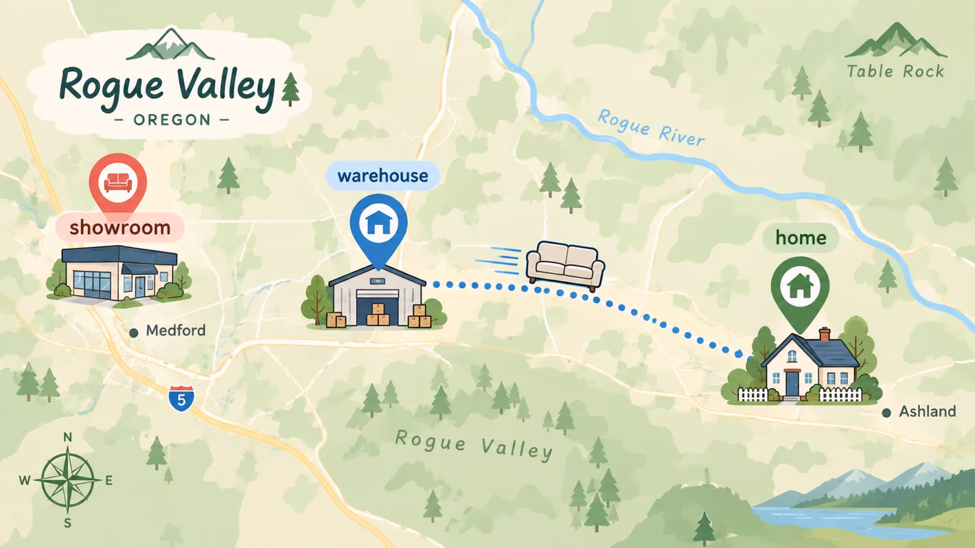 A map of Rogue Valley, Oregon showing a furniture showroom, a warehouse, and a home delivery route.