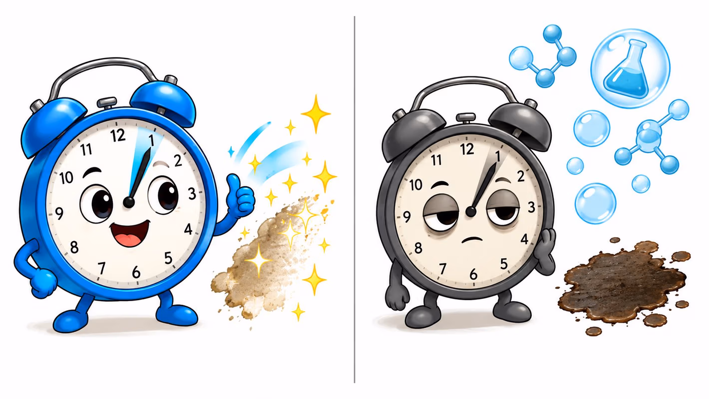 A split image showing a clean blue alarm clock versus a dirty black alarm clock with stains.