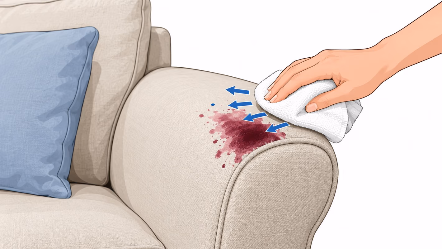 A hand using a white cloth to blot and remove a dark wine stain from an upholstery couch.