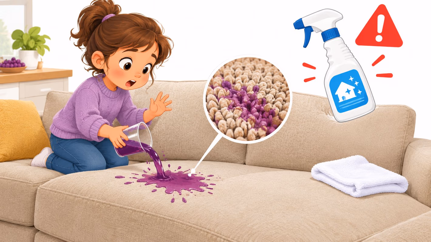A concerned child spills purple juice on a beige sofa next to a cleaning spray warning icon.