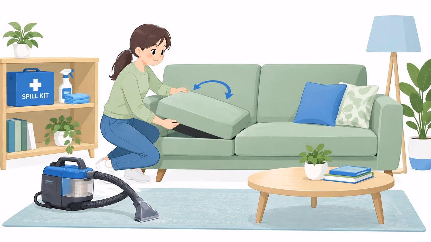 A woman cleaning a green sofa by removing the cushions, with a vacuum cleaner and supplies nearby.
