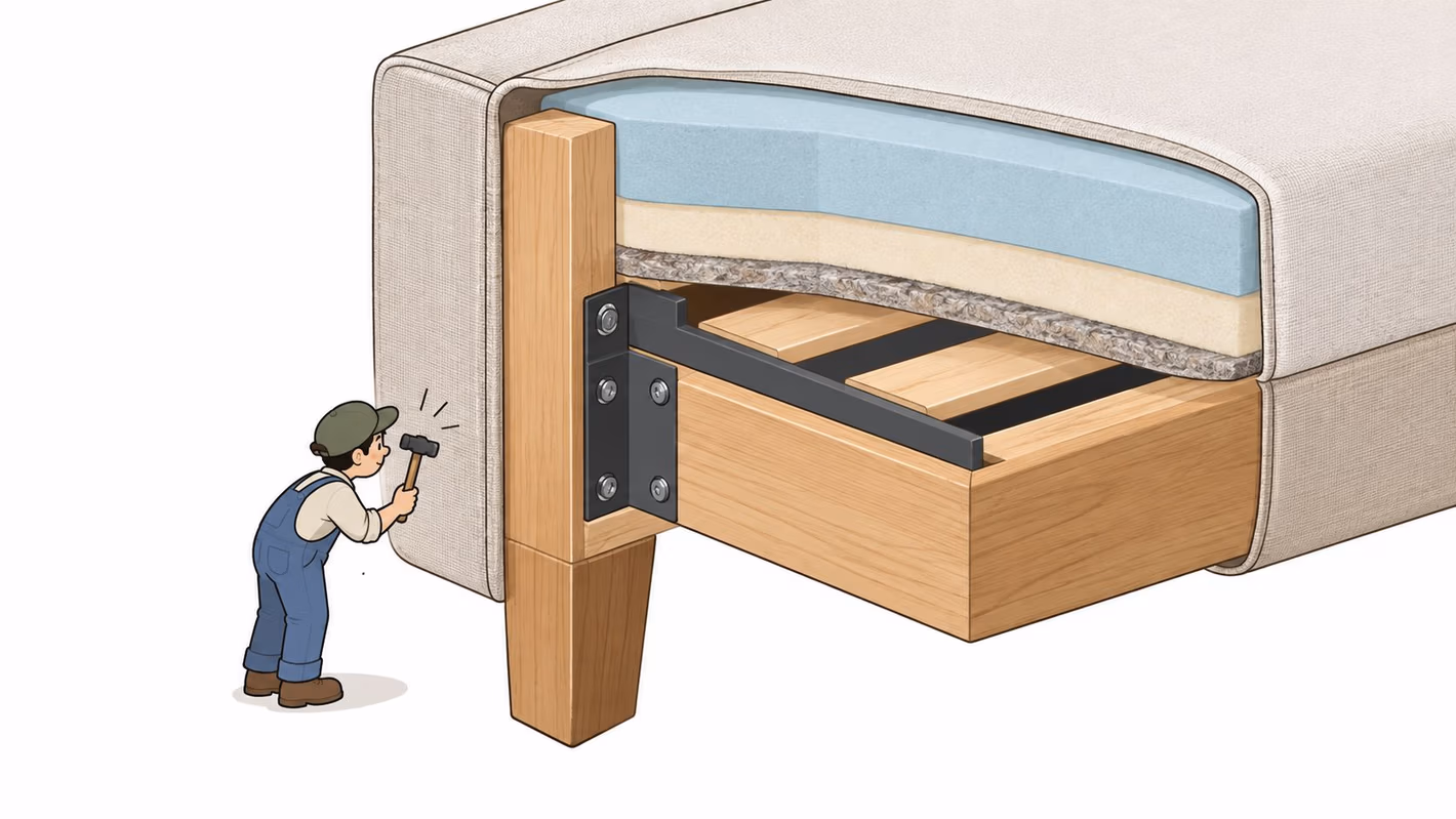 A cross-section illustration showing the sturdy internal wooden frame and support structure of a comfortable bed.