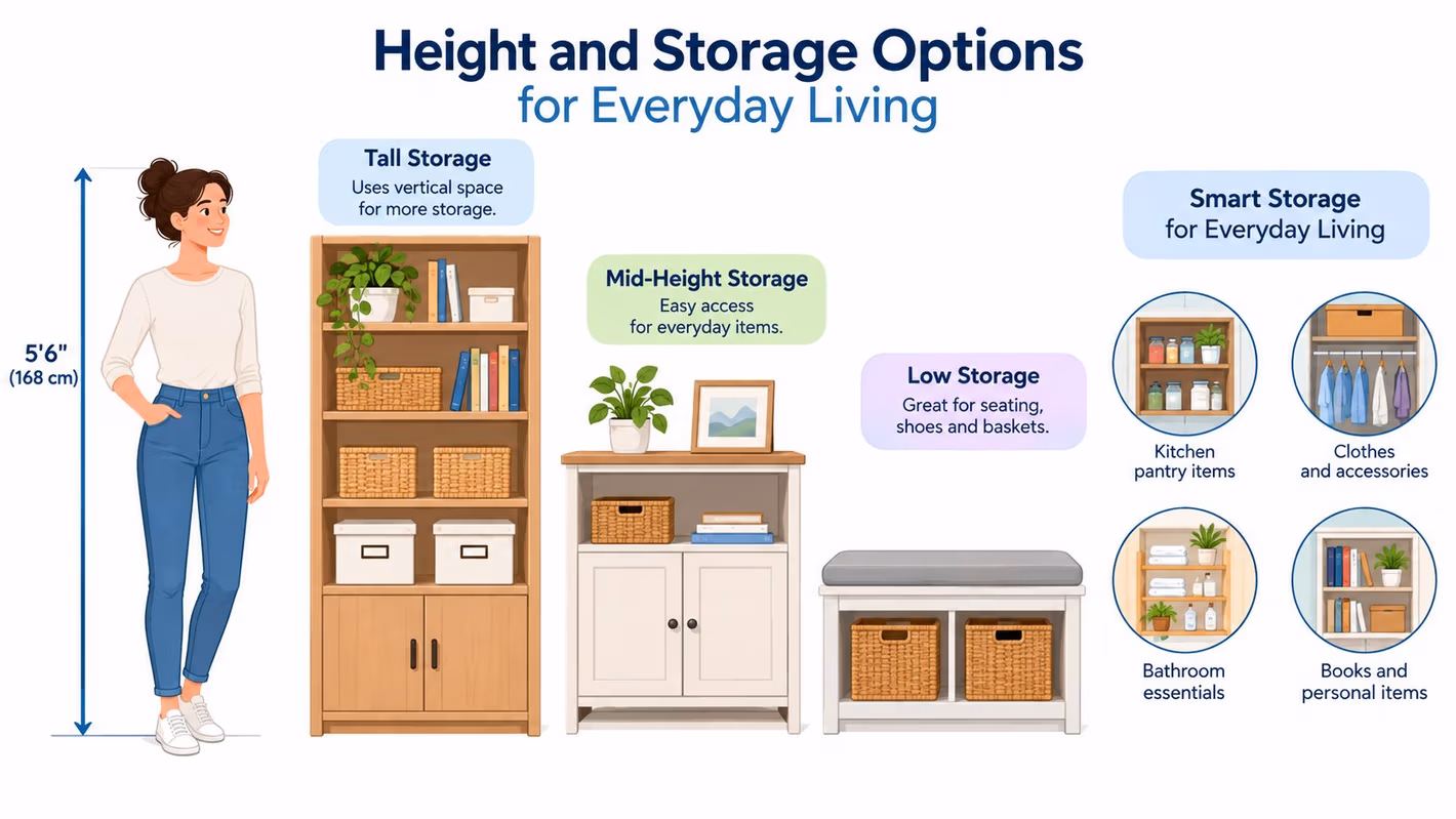 A diagram comparing three different storage heights: tall, mid-height, and low, with examples for everyday living.