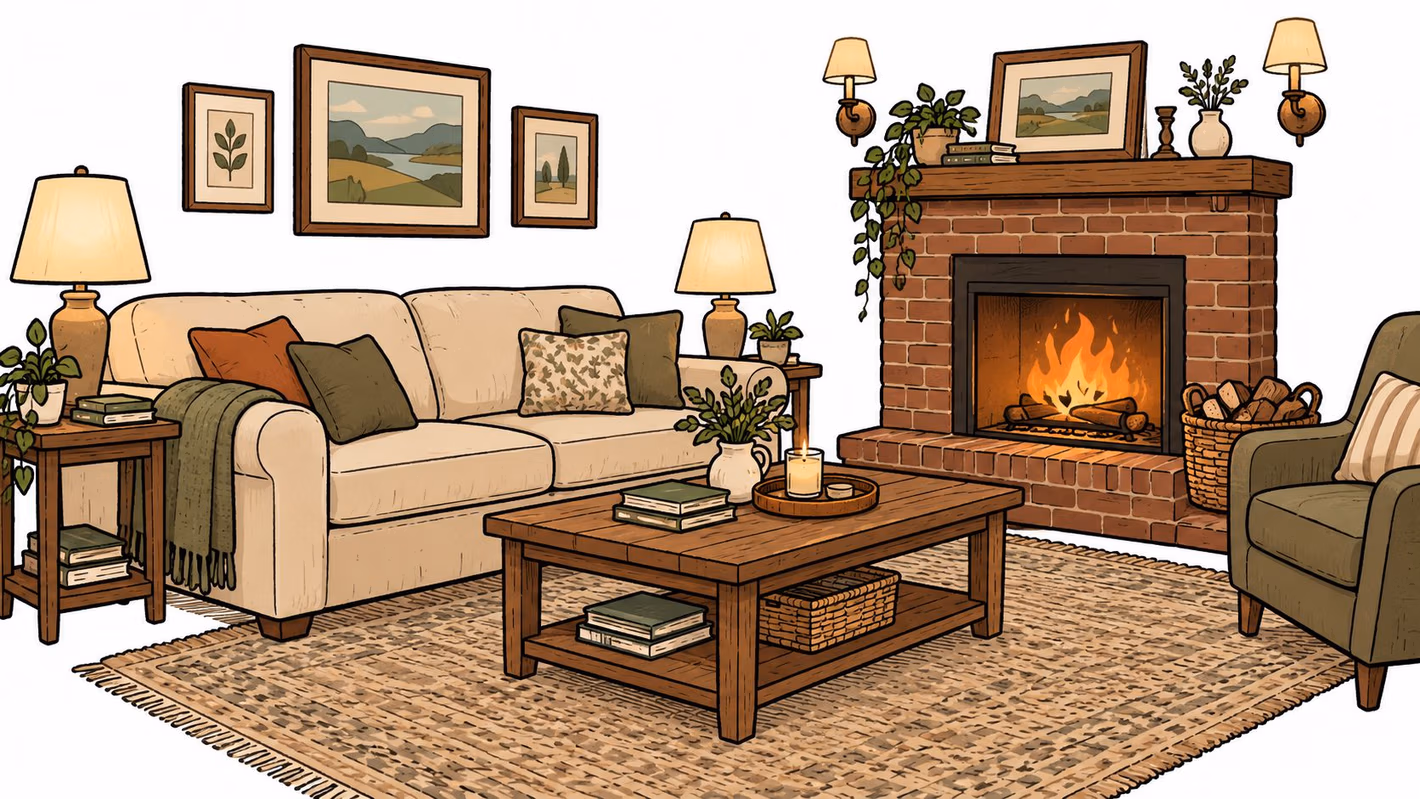 A cozy living room featuring an inviting lit fireplace, comfortable sofa on an area rug, and warm layered lighting.