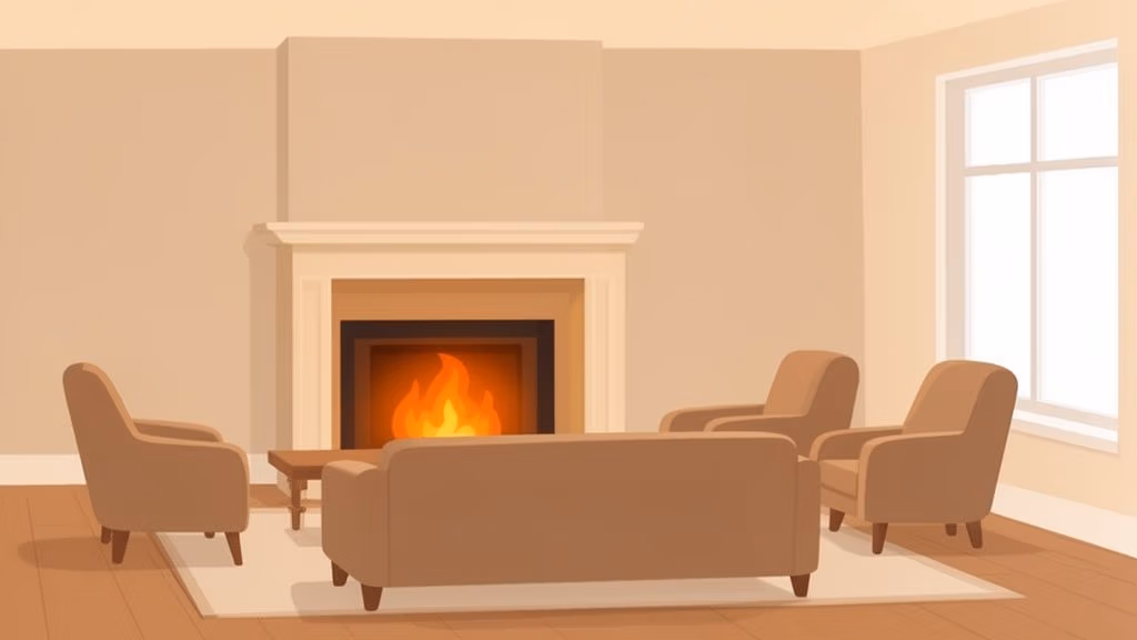 A cozy living room features a lit fireplace, a sofa, three armchairs, and a coffee table.