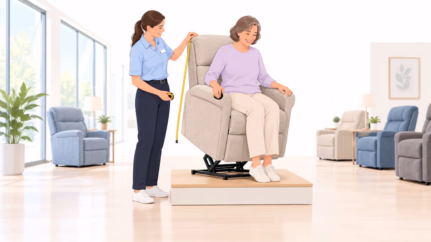 A professional sales assistant measures a high-quality lift chair while a senior woman tests it comfortably.