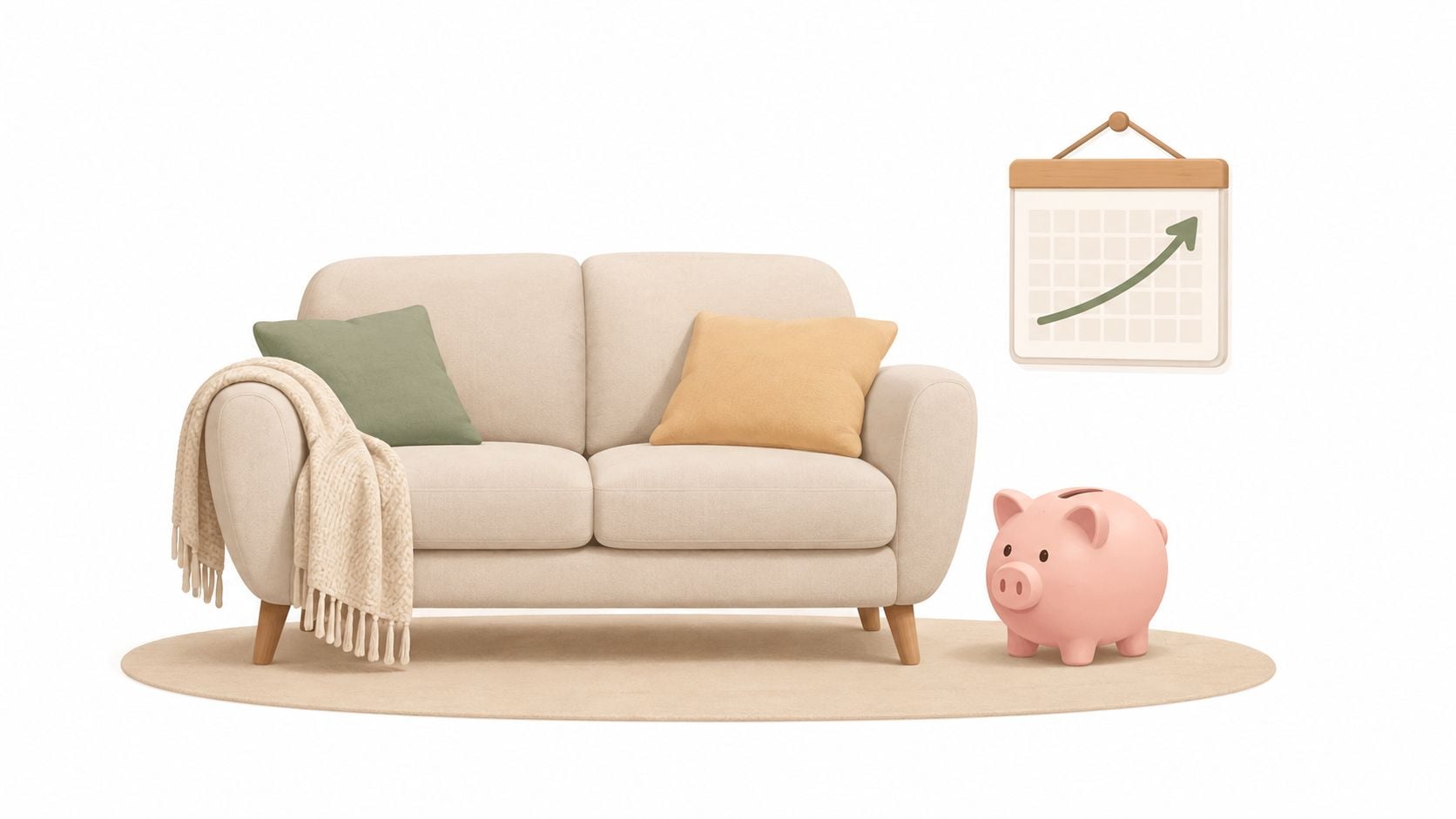 A cozy beige sofa with a throw blanket, a piggy bank, and a growth chart on wall.