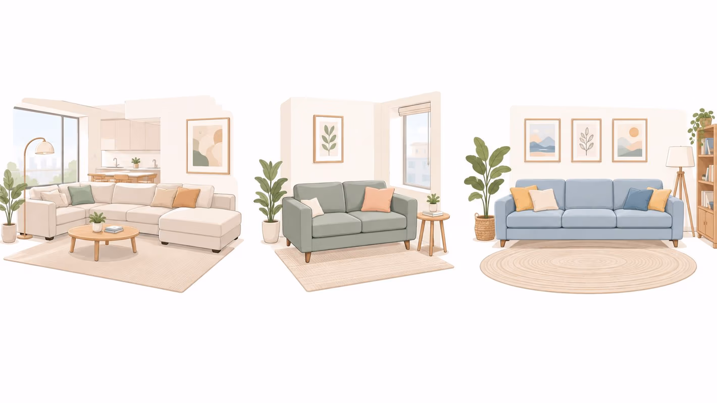 Three different living room designs featuring neutral, green, and blue sofa sets with home decor elements.