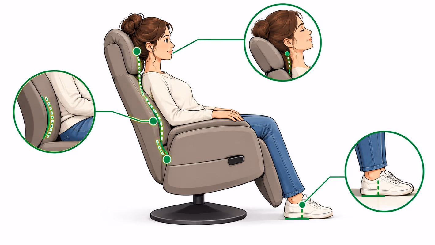 An illustration showing correct posture in a recliner, with diagrams highlighting proper head, lumbar, and feet alignment.