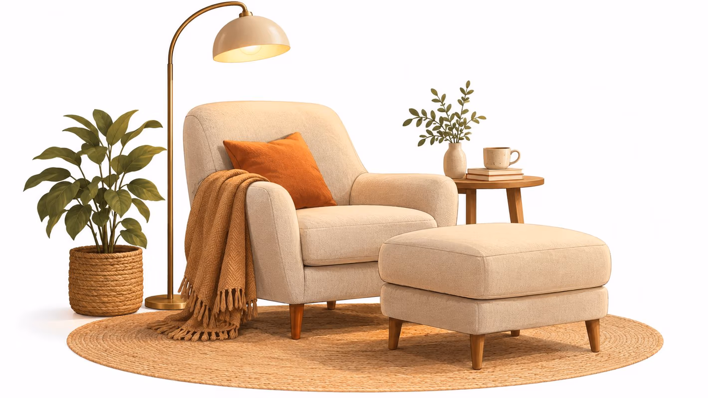 A cozy beige armchair and ottoman set on a round woven rug with a floor lamp and plant.