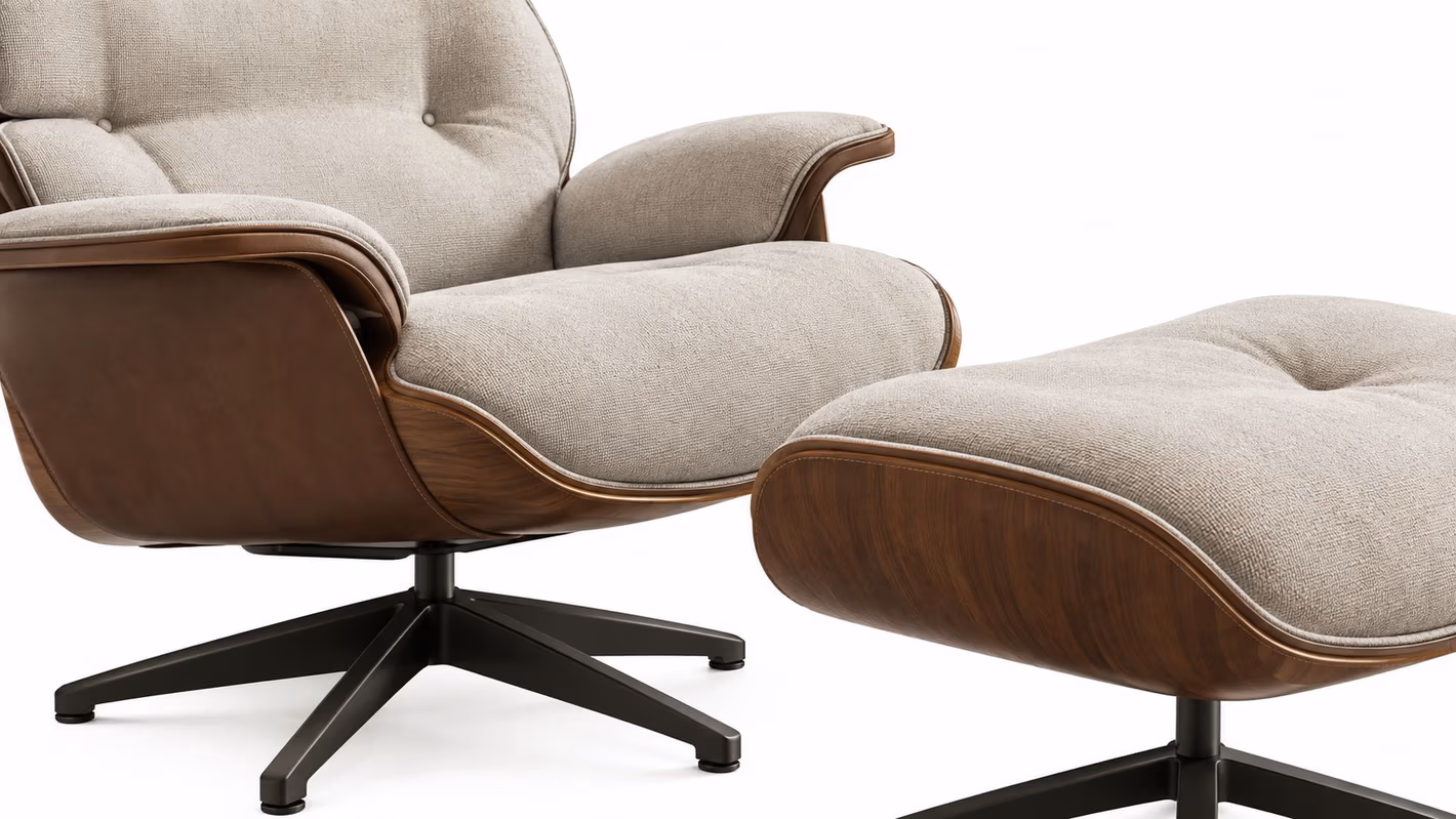 A modern lounge chair and matching ottoman with light beige fabric upholstery and dark wood frame.