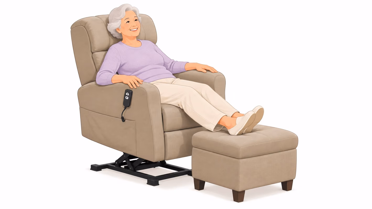 An elderly woman smiling while sitting in a comfortable beige recliner chair with a matching ottoman.