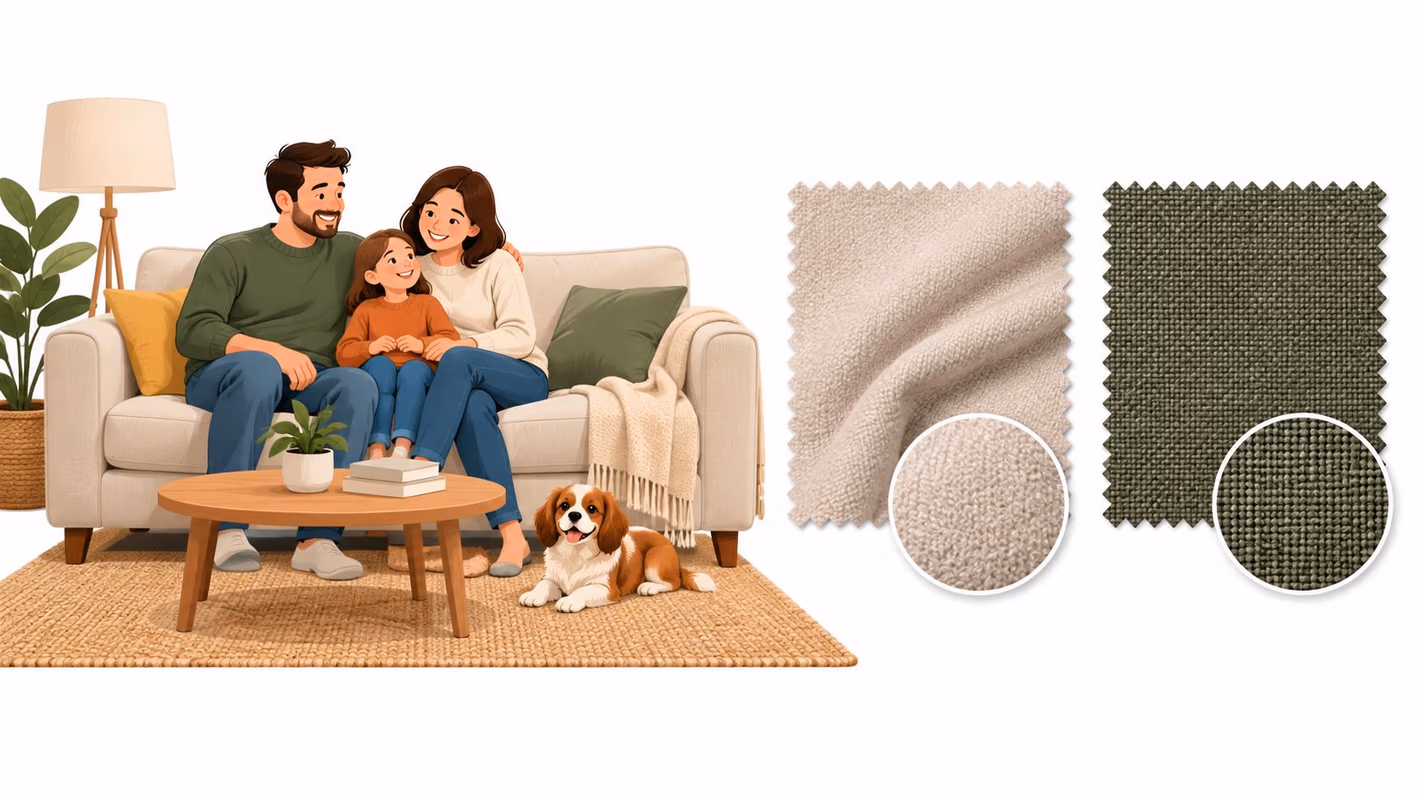 A happy family sitting on a beige sofa with fabric swatch options for furniture upholstery nearby.