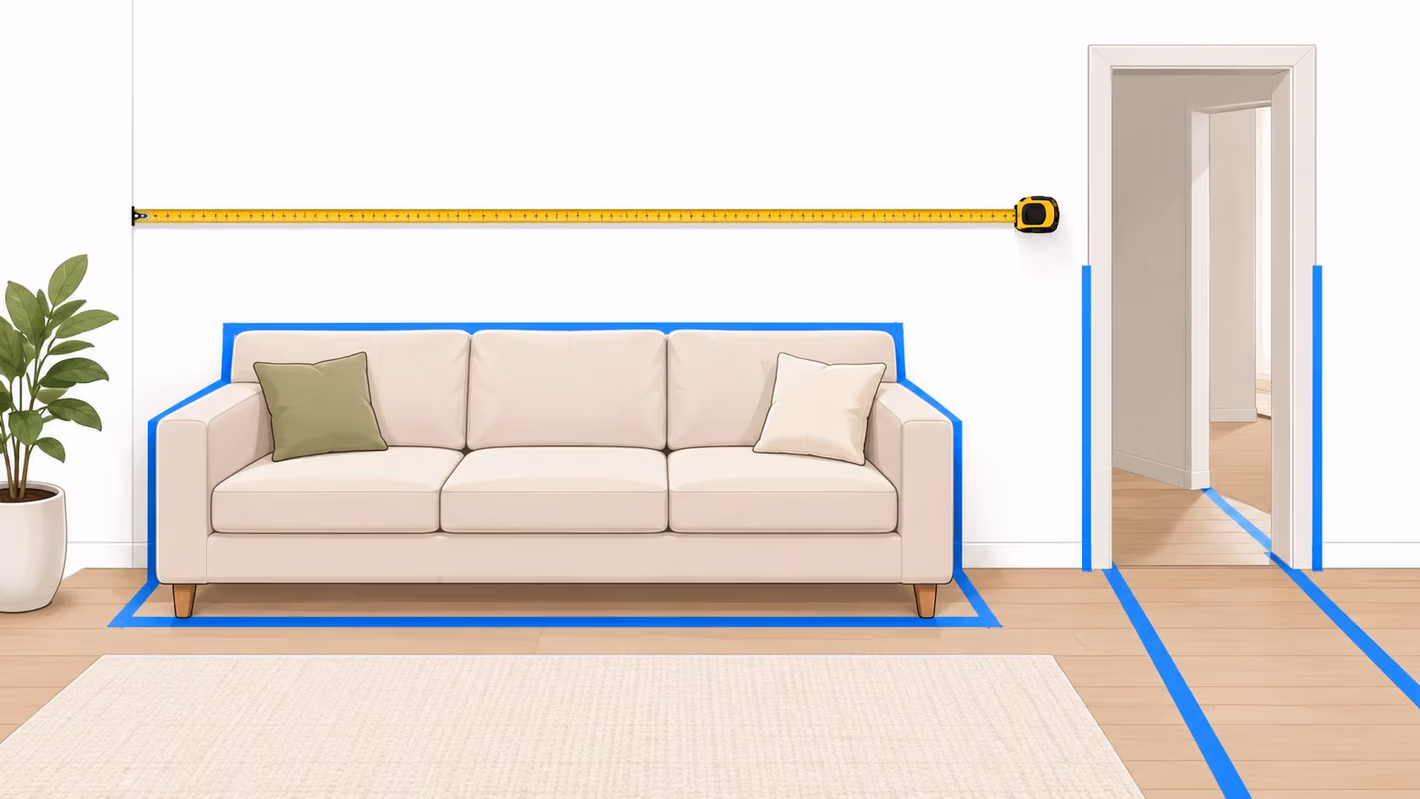 A tape measure displayed on a wall above a sofa to illustrate measuring for furniture placement.