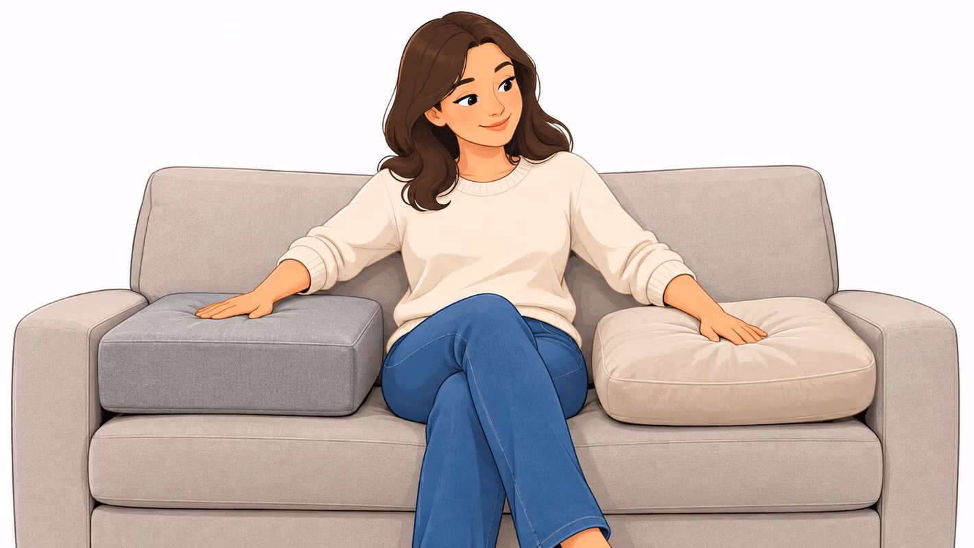 A woman sitting on a beige couch comparing a gray square cushion and a light beige cushion.