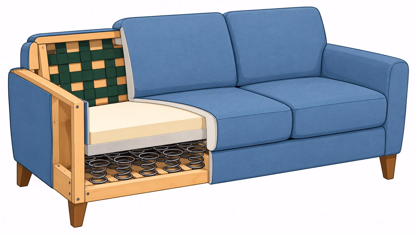 A cutaway view of a blue sofa revealing its wooden frame, webbing, foam cushion, and coil springs.