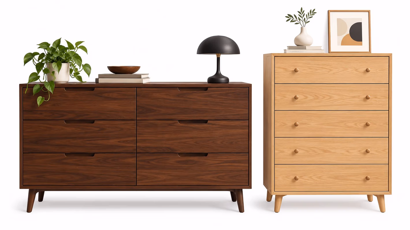 A dark walnut six-drawer dresser alongside a light oak five-drawer tall chest standing on white background.