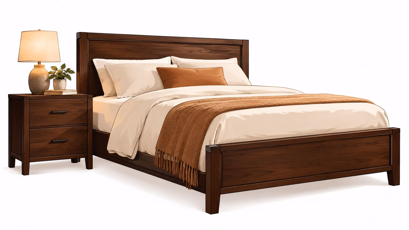 A modern dark walnut wooden bed frame with beige bedding and a matching bedside table with a lamp.