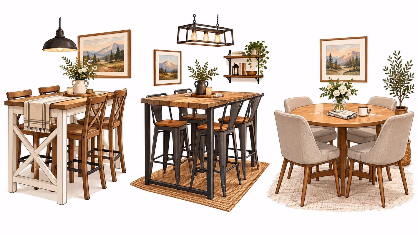 Three different styles of dining room sets including bar height tables and a round pedestal table.