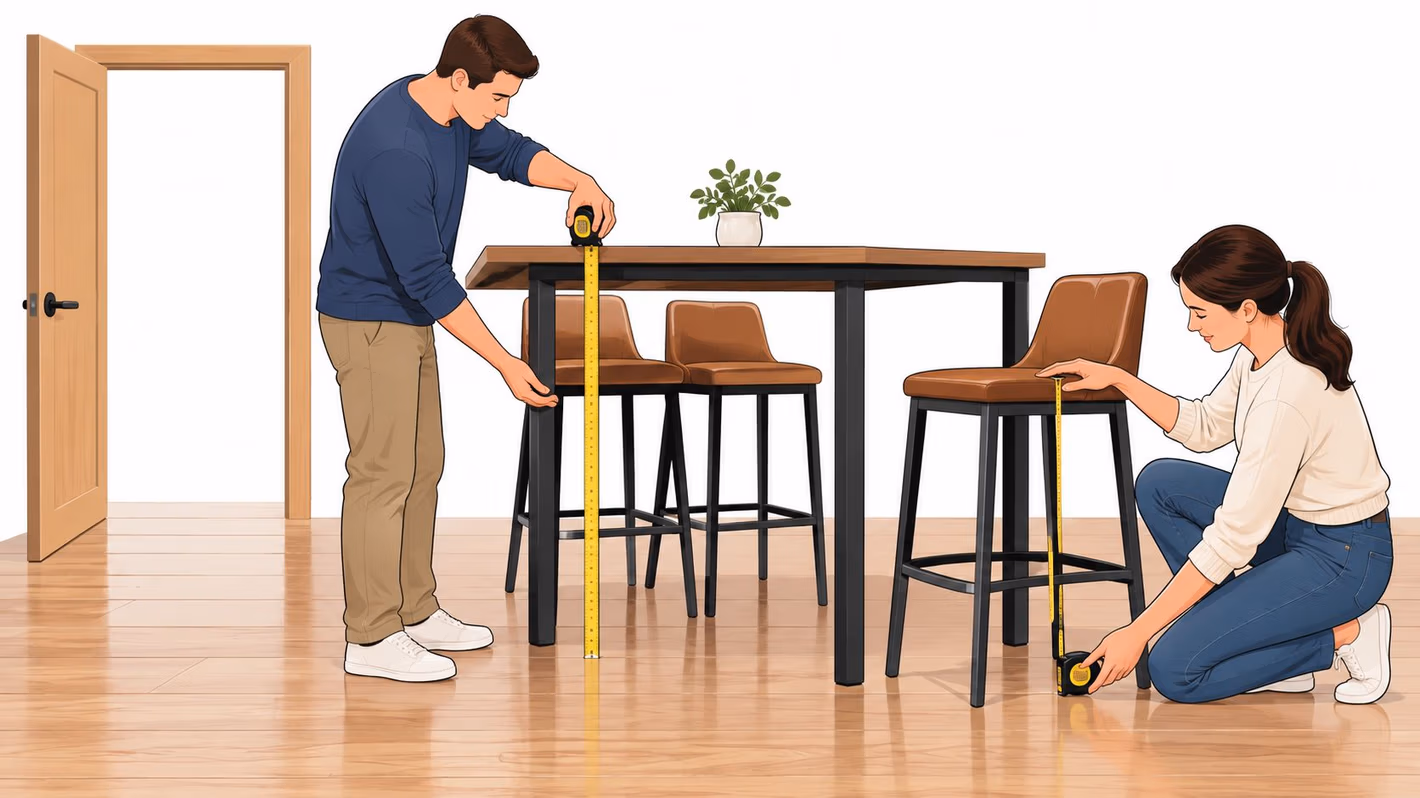 A man and woman using tape measures to check the dimensions of bar height dining furniture.
