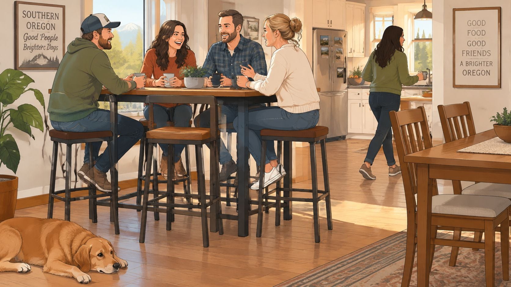 A diverse group of friends enjoying coffee together in a cozy, sunlit modern kitchen dining area.